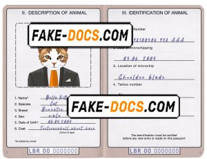 Liberia cat (animal, pet) passport PSD template, fully editable