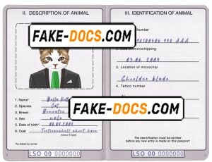 Lesotho cat (animal, pet) passport PSD template, completely editable