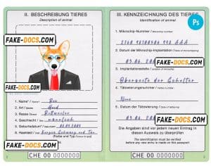 Switzerland dog (animal, pet) passport PSD template, fully editable