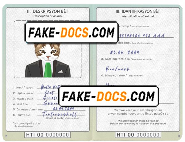 Haiti cat (animal, pet) passport PSD template, completely editable
