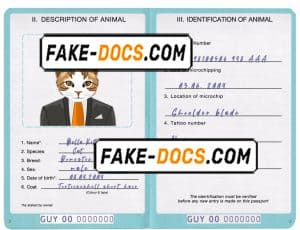 Guyana cat (animal, pet) passport PSD template, fully editable
