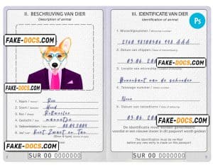 Suriname dog (animal, pet) passport PSD template, fully editable
