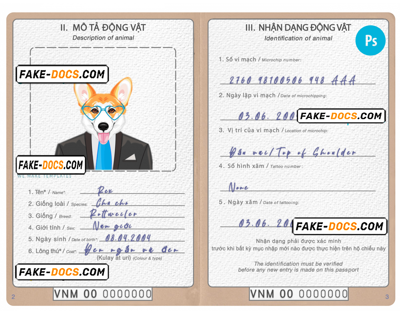 Vietnam dog (animal, pet) passport PSD template, fully editable