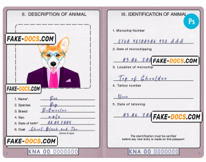 Saint Kitts and Nevis dog (animal, pet) passport PSD template, fully editable