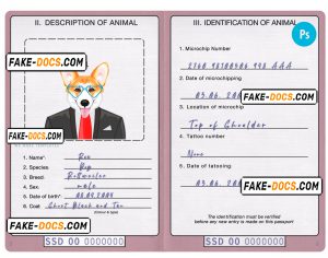 South Sudan dog (animal, pet) passport PSD template, fully editable