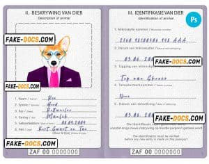 South Africa dog (animal, pet) passport PSD template, fully editable