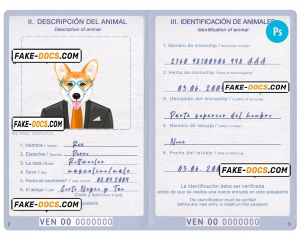 Venezuela dog (animal, pet) passport PSD template, fully editable