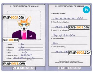 Sierra Leone dog (animal, pet) passport PSD template, fully editable
