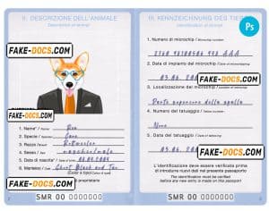 San Marino dog (animal, pet) passport PSD template, fully editable