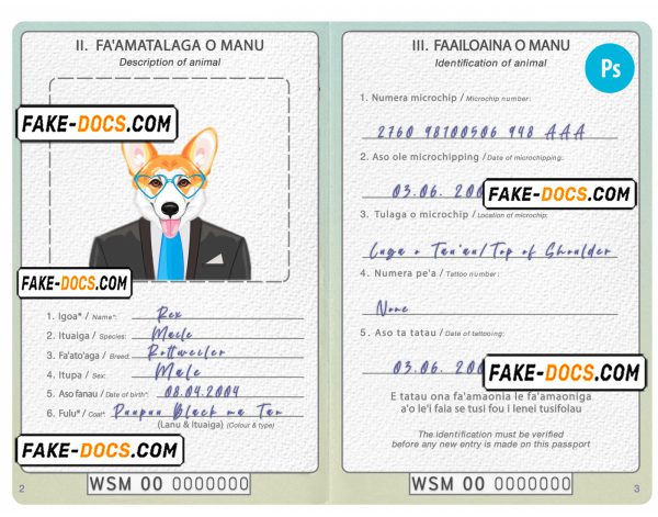 Samoa dog (animal, pet) passport PSD template, completely editable