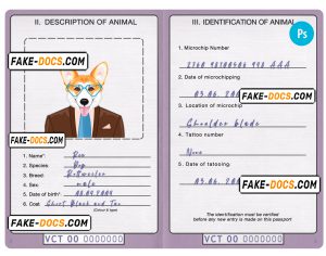Saint Vincent and the Grenadines dog (animal, pet) passport PSD template, fully editable