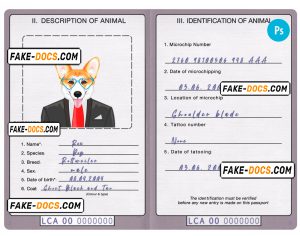Saint Lucia dog (animal, pet) passport PSD template, completely editable