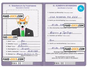 Rwanda dog (animal, pet) passport PSD template, fully editable