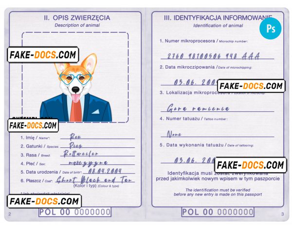 Poland dog (animal, pet) passport PSD template, fully editable