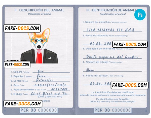 Peru dog (animal, pet) passport PSD template, completely editable