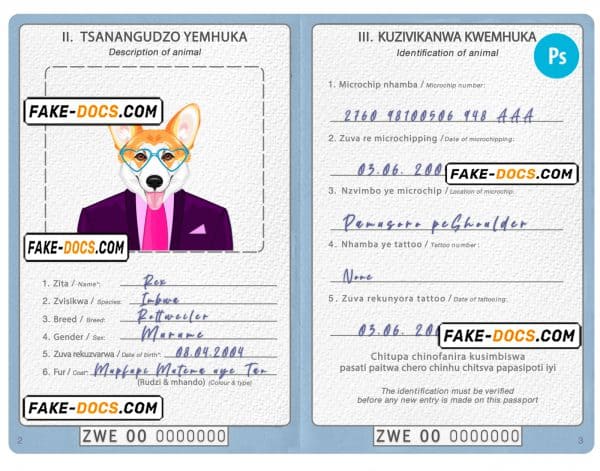 Zimbabwe dog (animal, pet) passport PSD template, completely editable
