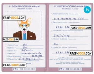 Panama dog (animal, pet) passport PSD template, completely editable