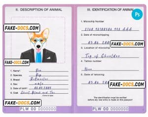 Palau dog (animal, pet) passport PSD template, fully editable