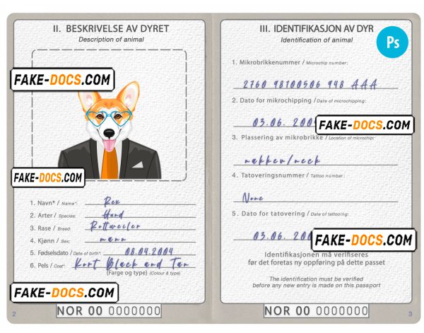 Norway dog (animal, pet) passport PSD template, fully editable