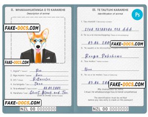 New Zealand dog (animal, pet) passport PSD template, fully editable