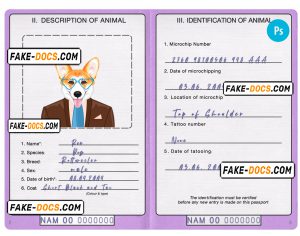 Namibia dog (animal, pet) passport PSD template, fully editable