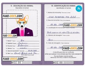 Mozambique dog (animal, pet) passport PSD template, fully editable
