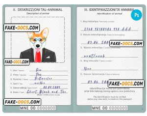 Montenegro dog (animal, pet) passport PSD template, fully editable