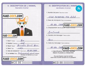 Monaco dog (animal, pet) passport PSD template, fully editable