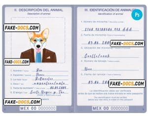 Mexico dog (animal, pet) passport PSD template, completely editable