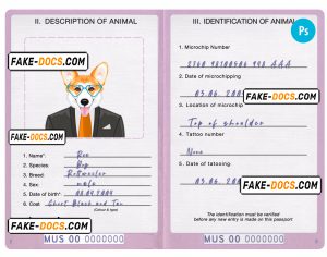 Mauritius dog (animal, pet) passport PSD template, fully editable