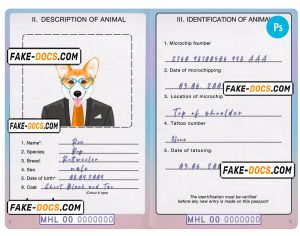 Marshall Islands dog (animal, pet) passport PSD template, fully editable