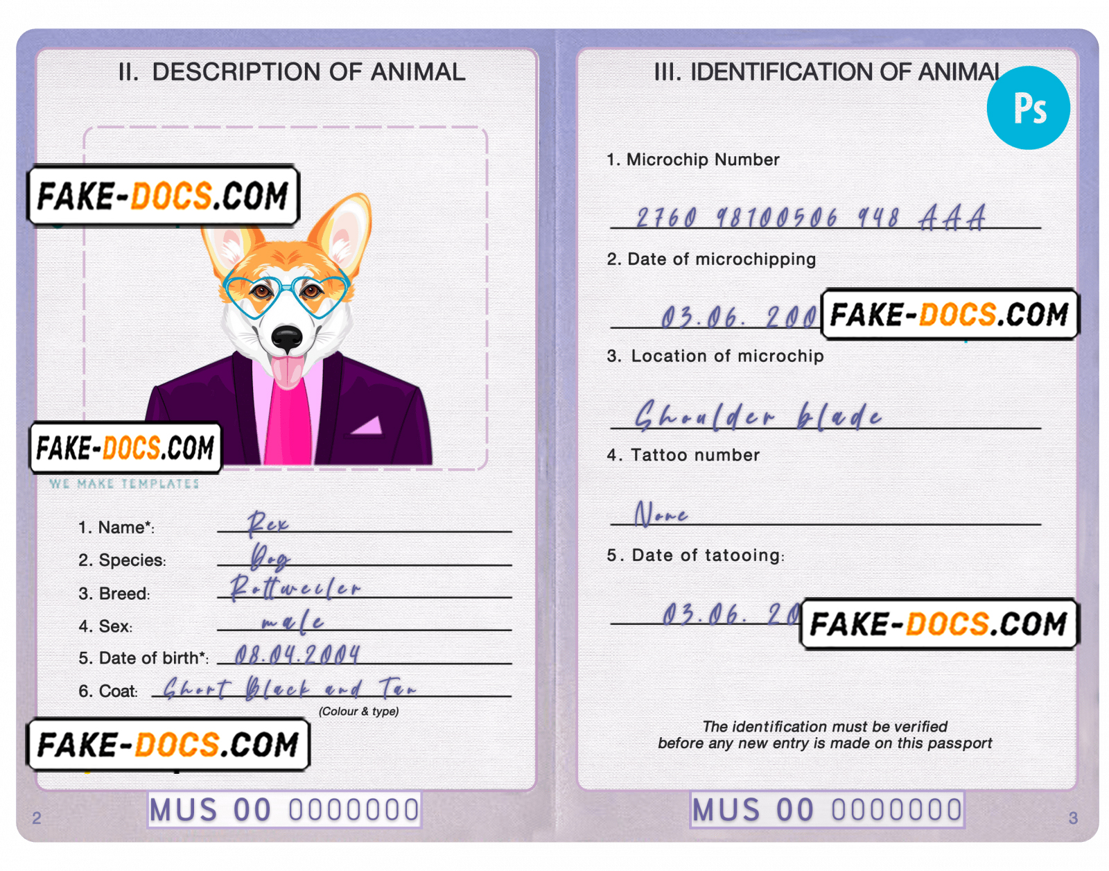 United States of America dog (animal, pet) passport PSD template, fully editable