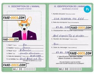 Mali dog (animal, pet) passport PSD template, completely editable