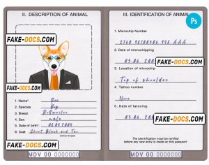 Maldives dog (animal, pet) passport PSD template, fully editable