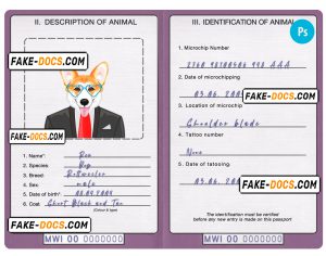 Malawi dog (animal, pet) passport PSD template, completely editable