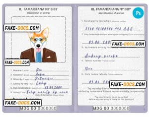 Madagascar dog (animal, pet) passport PSD template, fully editable