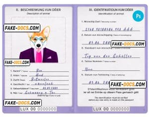 Luxembourg dog (animal, pet) passport PSD template, fully editable