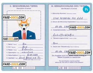 Liechtenstein dog (animal, pet) passport PSD template, fully editable