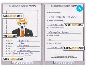 Lesotho dog (animal, pet) passport PSD template, completely editable