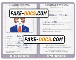 Tanzania cat (animal, pet) passport PSD template, completely editable