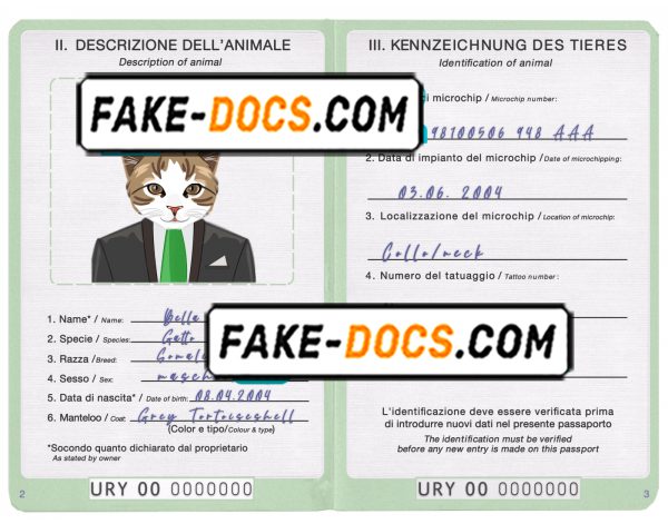 Uruguay cat (animal, pet) passport PSD template, completely editable