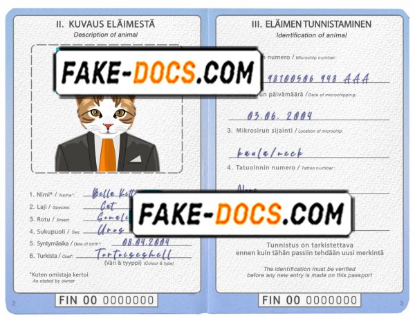 Finland cat (animal, pet) passport PSD template, completely editable