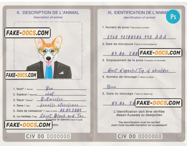 Côte d’Ivoire dog (animal, pet) passport PSD template, fully editable scan
