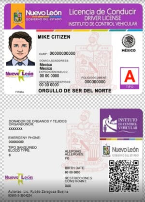Mexico Nuevo Leon driver license psd template