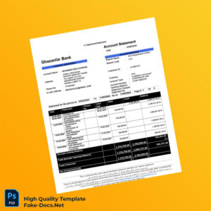 Afghanistan Ghazanfar Bank Account Statement Template in Word and PDF formats 2 page