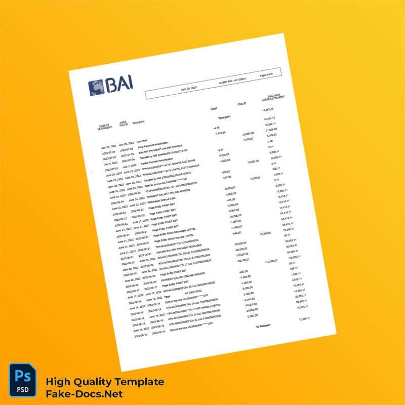 Angola Banco Bai Bank Statement Template in Word and PDF formats 5 page Angola Banco Bai Bank Statement Template in Word and PDF formats 5 page