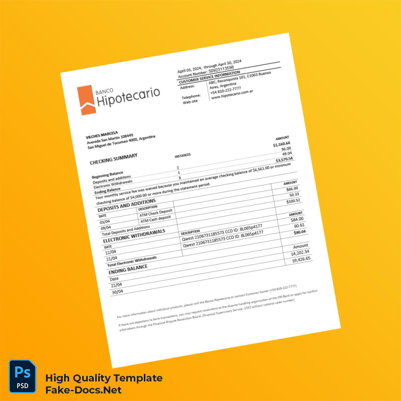 Argentina Banco Hipotecario Bank Statement Template in Word and PDF formats Argentina Banco Hipotecario Bank Statement Template in Word and PDF formats