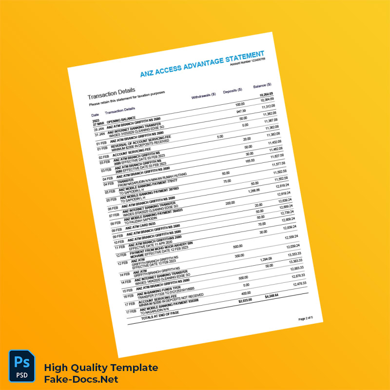 Australia ANZ Bank Statement Template in Word and PDF formats 5 page Australia ANZ Bank Statement Template in Word and PDF formats 5 page