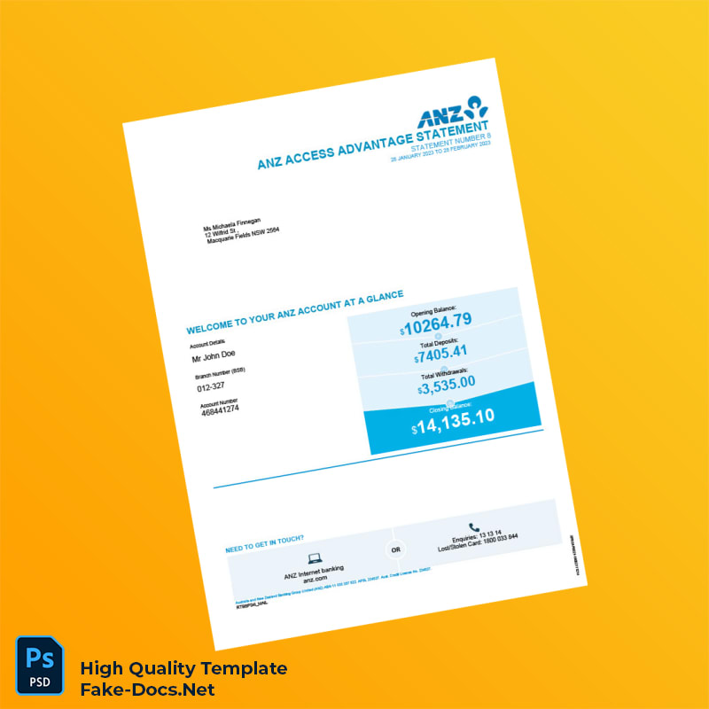 Australia ANZ Bank Statement Template in Word and PDF formats 5 page Australia ANZ Bank Statement Template in Word and PDF formats 5 page