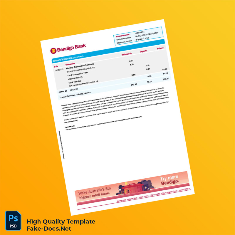 Australia Bendigo Bank Statement Template in Word and PDF formats 2 page Australia Bendigo Bank Statement Template in Word and PDF formats 2 page